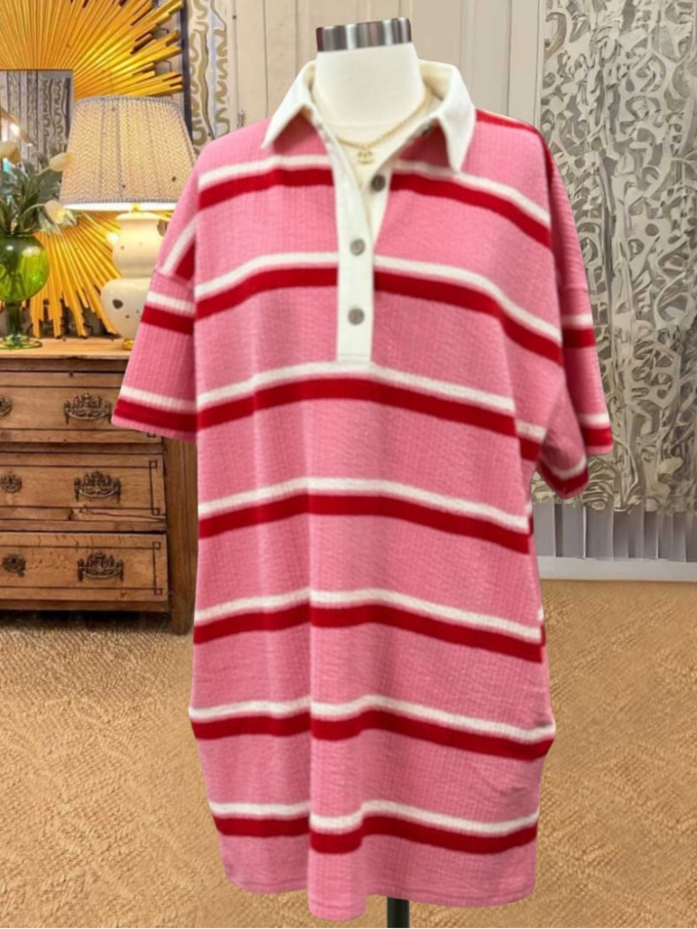 Fantastic Fawn Pink and Red Striped Polo Mini Dress